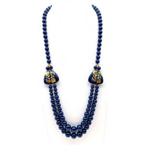 Vintage Japanese Double Strand Beaded Necklace With Floral Drape & Gold Accents